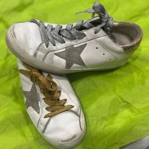 Golden Goose White Sneakers with Gray Star and Gold Laces